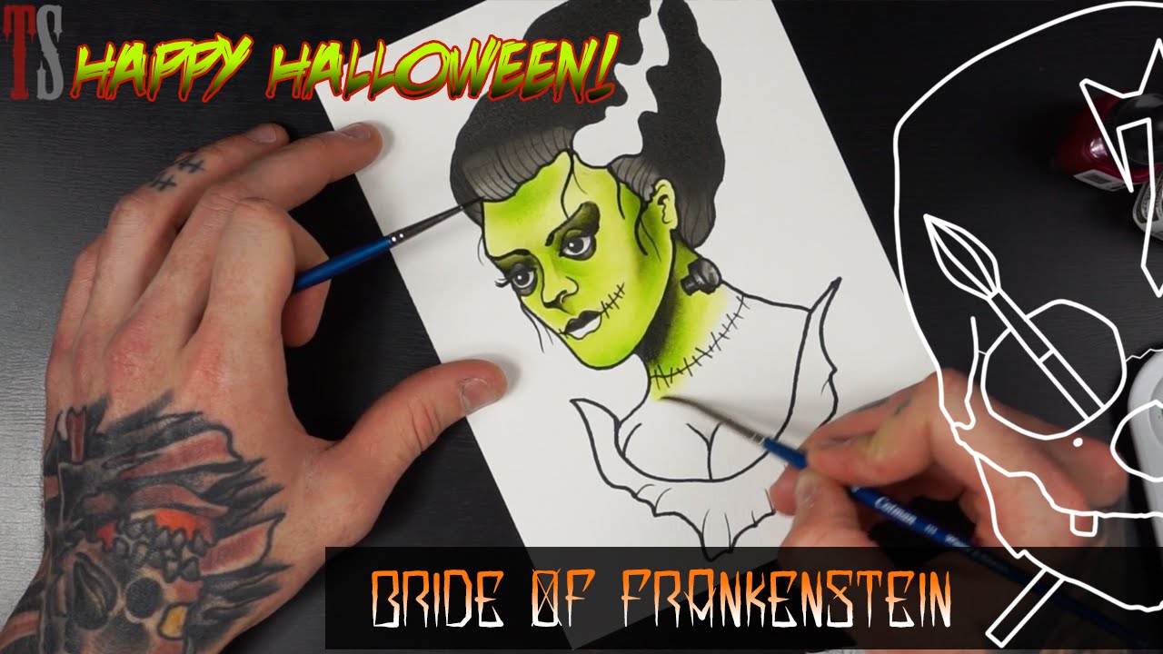 Bride Of Frankenstein Draw And Paint Halloween Tattoo Flash Watercolour Ink Illustration Youtube