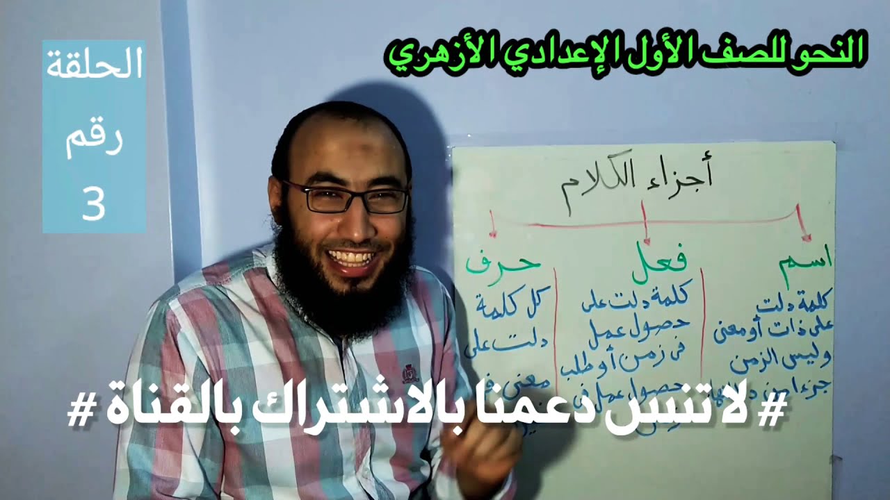 3 - دروس في شرح مادة النحو للصف الأول الإعدادي أزهر ( أجزاء الكلام )،أ / إسلام الجنايني