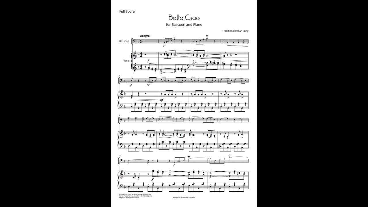 Bella Ciao for Bassoon and Piano - Sheet Music - Score and Parts 