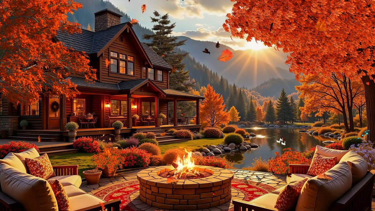 🌅 Autumn Sunset Piano 🎹 Relaxing Music for Warm Wooden Cabin by the ...