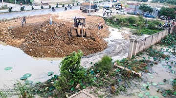 WoW!! Huge Pond Land Filling Up By Bulldozer Pushing Soil Into Water With 12Wheel Dump Truck Moving