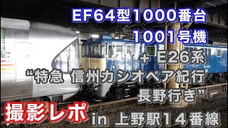 [カシオペア紀行] EF64型1000番台 1001号機 + E26系“特急 信州カシオペア紀行 長野行き” in 上野駅14番線 2022/04/16