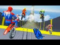 Spiderman, SONIC, Hulk Racing Jump From The Sky Challenge with SUPERHEROES