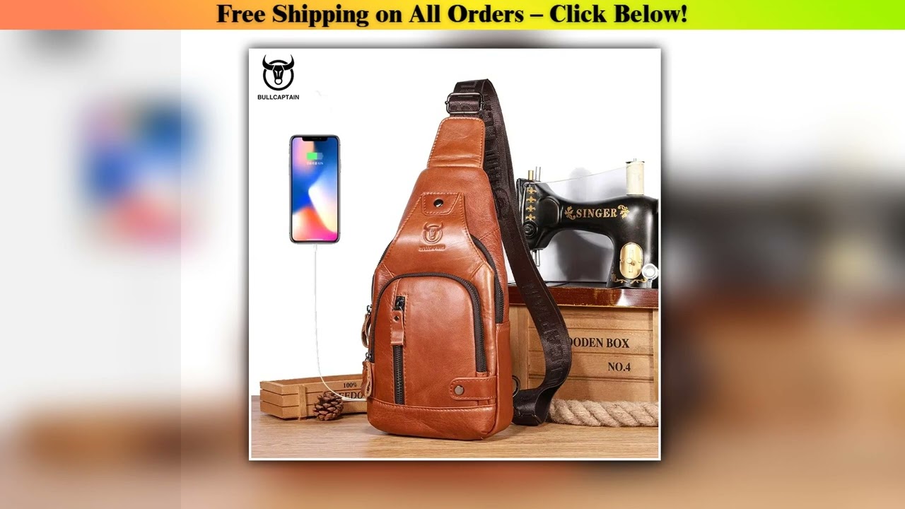 BULLCAPTAIN Leather Men's Chest Pocket One Crossbody Bags With USB Rechargeable Chest Bag Can Be