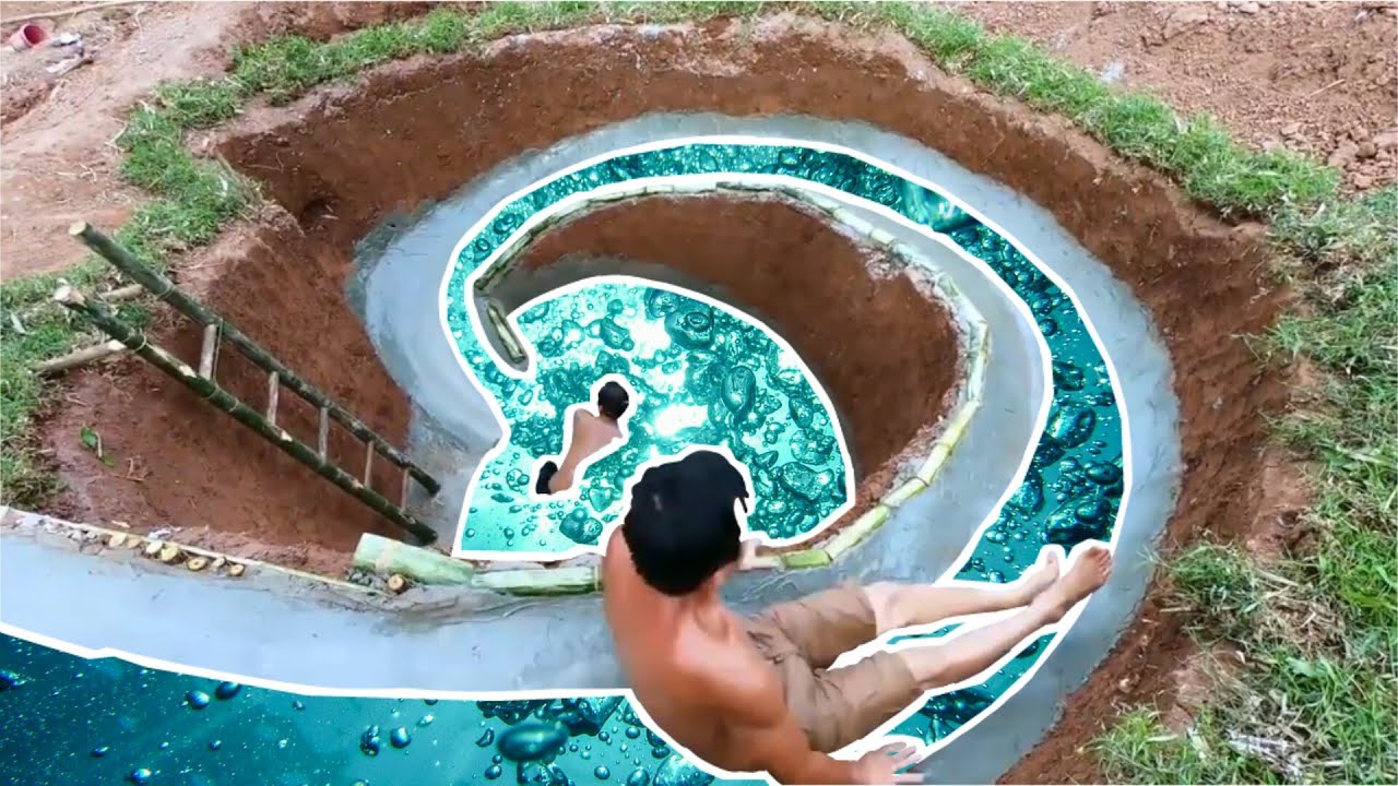 Dig to build SWIMMING POOL WATER SLIDE around secret underground house (PRIMITIVE TECHNOLOGY)