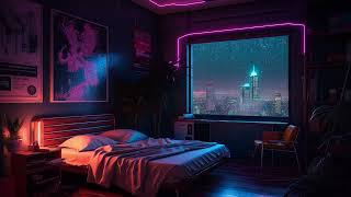Relaxing rain on window ambience to fall asleep in this soothing cyberpunk apartment