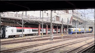 OM構内で並ぶ255系とE259系。まるで千葉県内(2022.3.27)