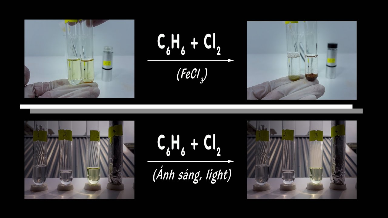 C6H6 + Cl2. Benzene tác dụng với chlorine (xúc tác FeCl3, ánh sáng)