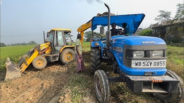 Jcb 3dx Backhoe Loader Machine Loading Mud In Mahindra 475 Di Tractor and Sonalika Di 42 Rx Tractor