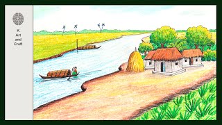 How to draw a riverside rural scenery with oil pastel step by step easy landscape drawing