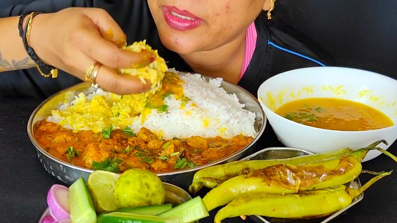 Eating Dal Chawal | Soya Chunks Masala Curry | Bharwa Mirchi Fry 😋 Salad 🥗 #asmr #mukbang #foodie