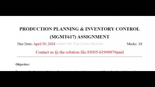 PRODUCTION PLANNING & INVENTORY CONTROL (MGMT617) ASSIGNMENT solution  mgmt617 assignment no 1 2024