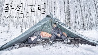 4K Heavy snow camping. I sleep alone in a beautiful snow forest under a thin tent.