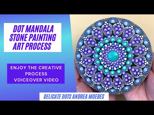 Purple and Teal dot mandala stone painting.  Relaxing and Satisfying Art Video Enjoy the art Process class=