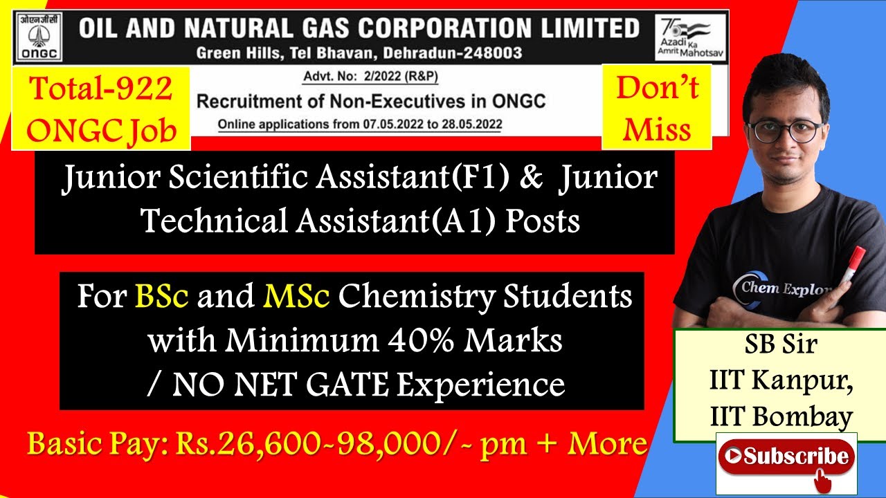 ONGC Recruitment 2022| Technician, Fireman, Assistant Vacancy| MSc and BSc Chemistry ONGC Job 2022