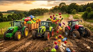 TRANSPORTING PIXAR CARS & FRUITS with Colored JOHN DEERE vs CLAAS Tractors 🚜 | BeamNG.driveB screenshot 1