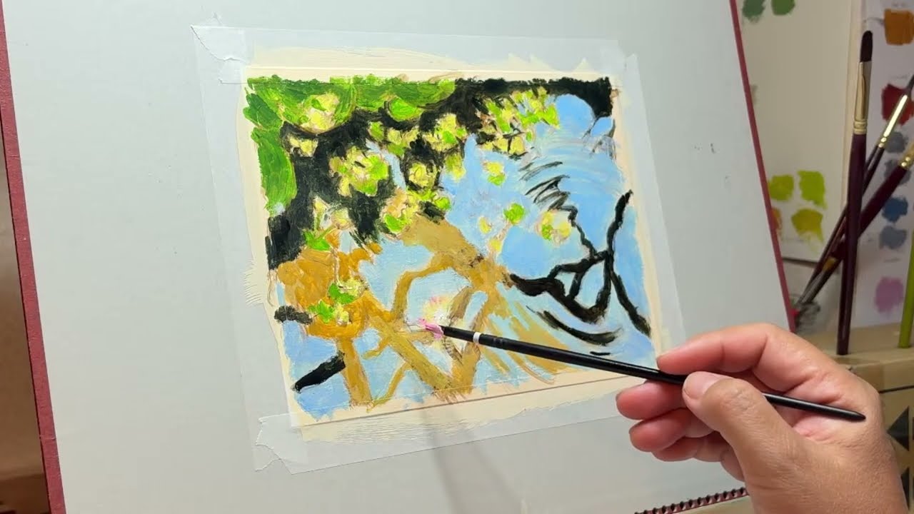 Oil painting | Marsh marigolds and pine trees reflected in water 2
