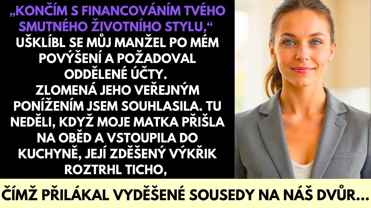 Manžel si stoupl do dveří kuchyně a oznámil mi, že už nechce financovat můj „absurdní životní styl“. Žádal oddělené účty, 50 na 50, a řekl, že mě to konečně naučí finanční disciplíně. Sedm let...