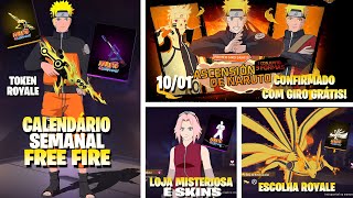 CALENDÁRIO SEMANAL FREE FIRE DO NARUTO! ROYALE NARUTO COM GIRO GRÁTIS, LOJA MISTERIOSA E MUITO MAIS!