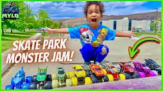 Epic Monster Jam Showdown - Mylo's Trucks Take on Skate Park Ramps! Who Will Go the Furthest?