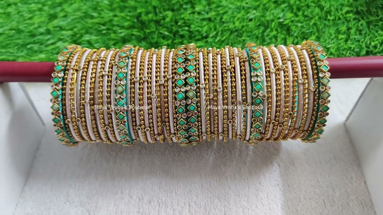 Pastel green kundan bangles for ivory silk saree | Maya Venba’s Boutique