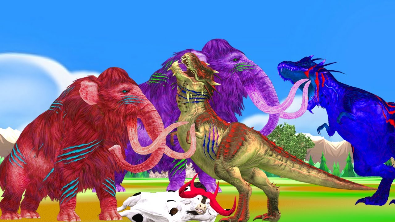 5 Zombie Dinosaurs vs 10 Zombie Mammoth Animal Fights Cartoon Cow Saved By Woolly Mammoth Elephant