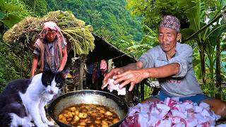 Real Village Life in Nepal |  delicious  pork curry cooking & eating