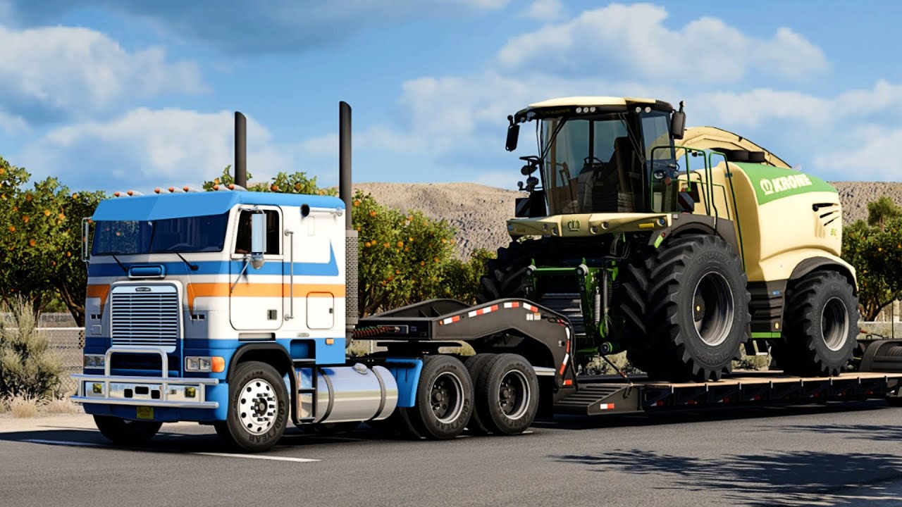ATS 1.57 | Freightliner FLB Hauling Forage Harvester with DD60 12.7L Engine