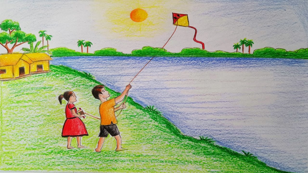 Flying Kite Drawing Images  Drawing Skill