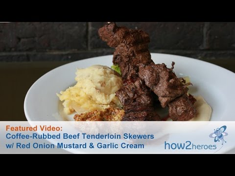 Coffee-Rubbed Beef Tenderloin Skewers w/ Red Onion Mustard & Garlic Cream