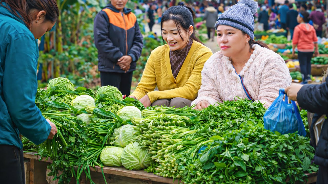 家族でキャベツとニラを収穫🥬市場販売と妊婦のための鶏がゆ作り🍲