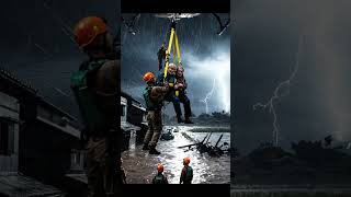 Helicopter Rescue In Flooded Town Soldiers Saving An Elderly Man From Rising Waters