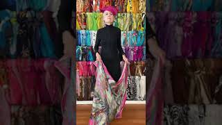 The fabulous Judith Boyd showing Pink Proud Peacock Silk Square Scarf