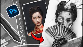 how to photoshop a tattoo design cyberpunk japanese tattoo geisha plotnikovasketch screenshot 5