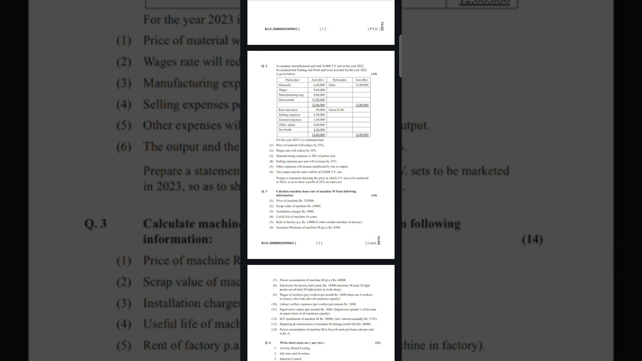 VNSGU SYBCOM HONOURS SEM-3 COST ACCOUNTING-1 QUESTION PAPER 2023