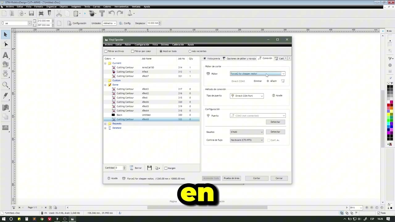 Cómo Configurar el Software: Modelo de Plotter y Puerto USB