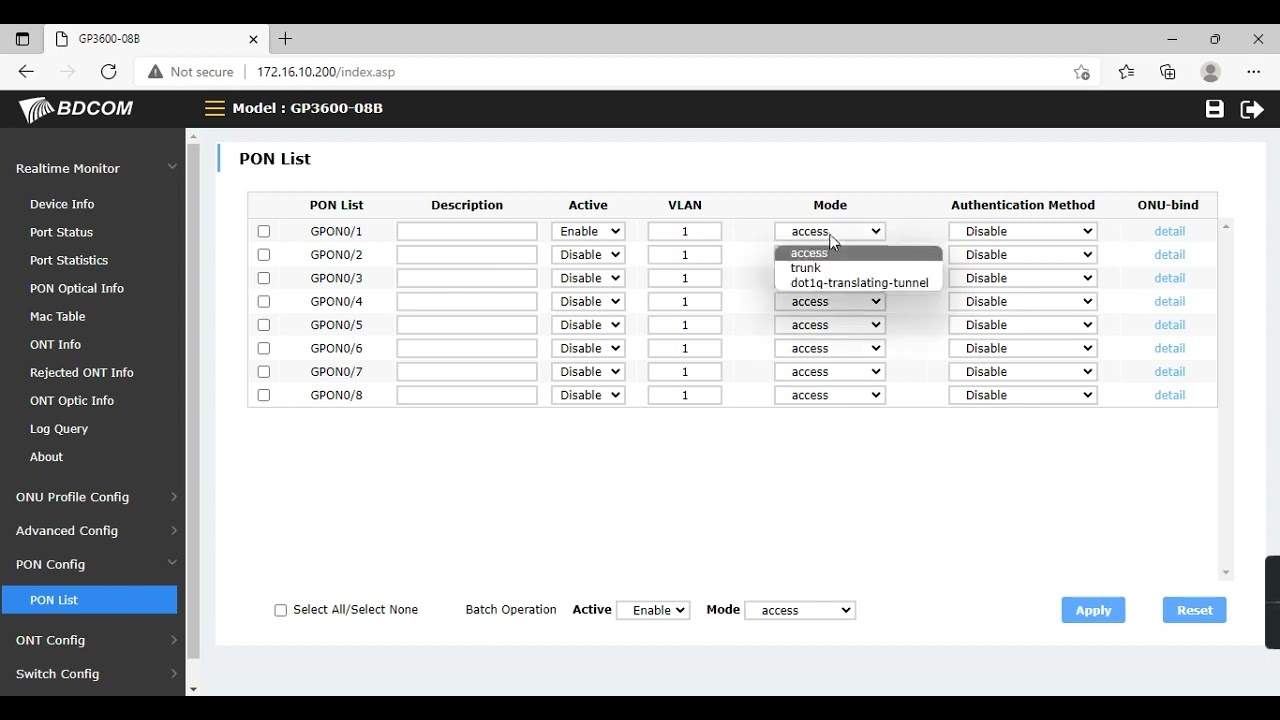 Huawei SFU ONU Model HG8310M & HG8010H default profile config from BDCOM GPON GUI