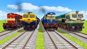 RAILROAD CROSSING OF 4 TRAINS RUNNING EACH OTHER AT BUMPY RAILROAD | Train Simulator #Railroad