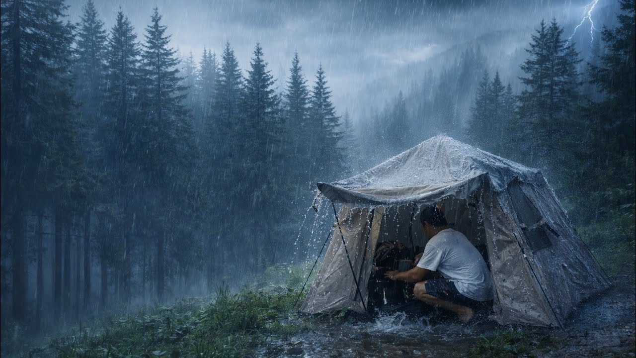 SOLO CAMPING IN HEAVY RAIN AND THUNDERSTORM | Thunderstorm Sounds for Sleeping in a Cozy Tent