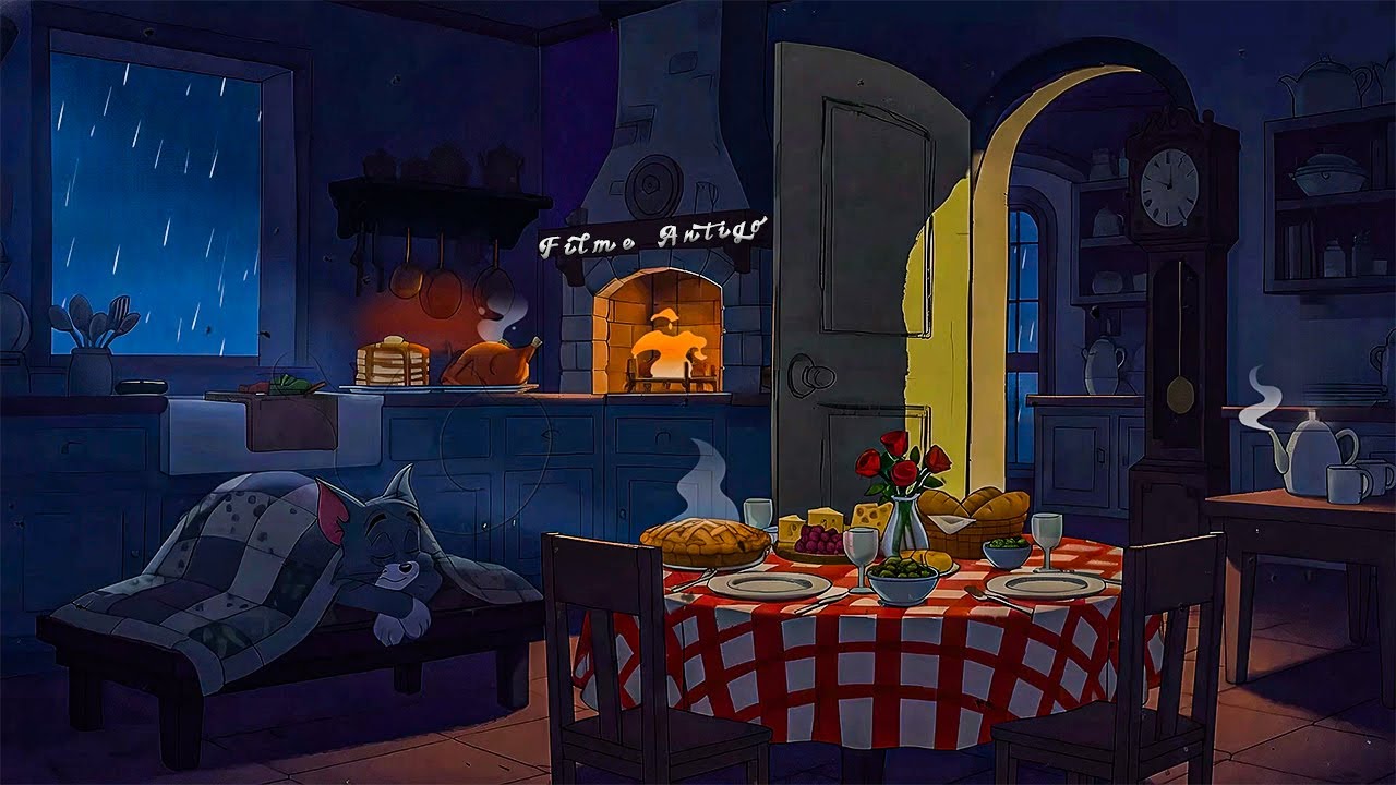 Cozy Rainy Kitchen Night | Soft Oldies Music, Fireplace Glow & Calm Ambience for Deep Sleep - NO ADS