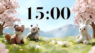 15 Minute Focus Timer 🌸 Cheerful Knit Animals, Spring Cherry Blossoms, & Calm Acoustic Music