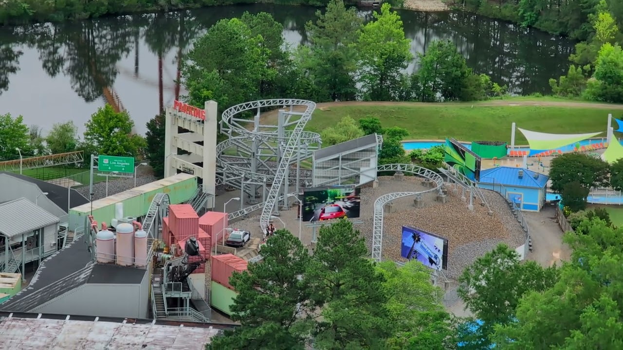 Backlot Stunt Coaster offride view at Kings Dominion in Doswell, Virginia, USA.