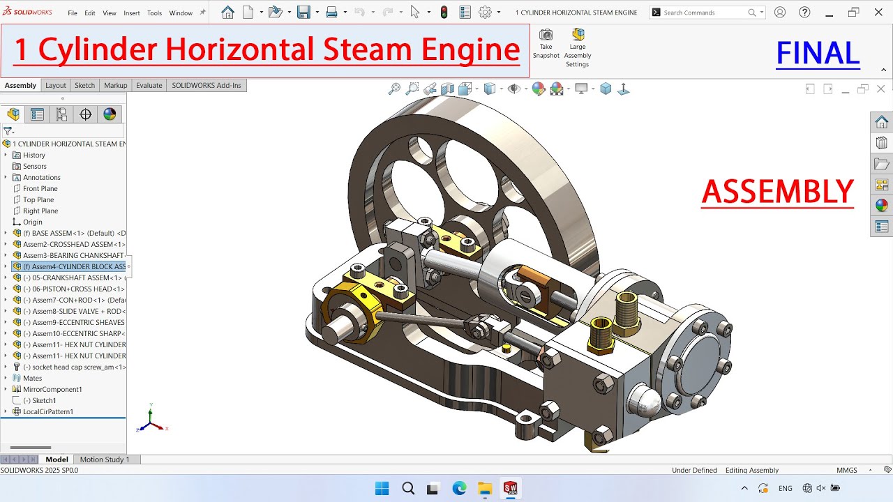 SolidWorks 2025 : 1 Cylinder Horizontal Steam Engine PART FINAL ...