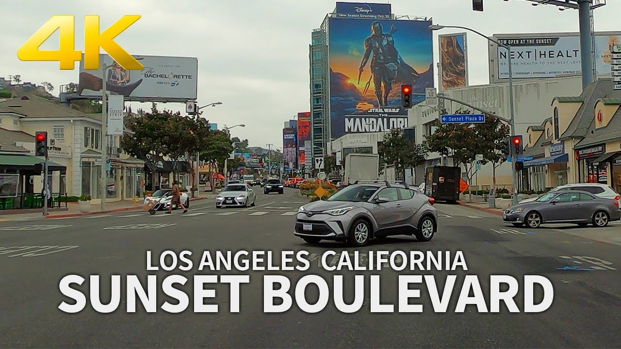 Driving on Sunset Boulevard from Pacific Palisade to Hollywood, Los