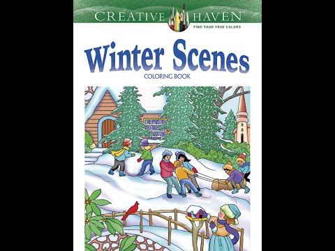 Cover of the Creative Haven Winter Scenes coloring book: children sledding and building a snowman in a snowy village with a red cardinal and a girl in a blue coat