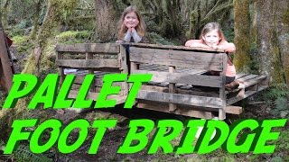 Skip to time lapse of construction: 1:03 We built a small foot bridge using pallets, treated beams, and precast concrete footings. This 