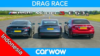 Saatnya drag race listrik vs bensin! kita tahu kalau dua mobil jerman
kencang ini tidak akan bisa mengelahkan tesla model s, tapi bagaimana
jika mereka melaw...