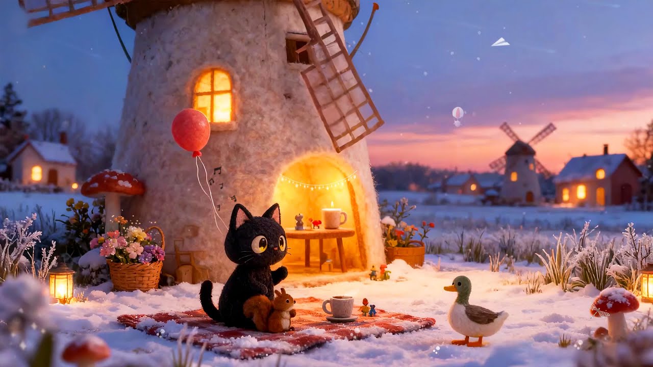 Snowy Windmill Picnic with Cat ❄️ Lofi Beats for Relaxing & Sleep 🎈 Warm Cozy Winter Ambience