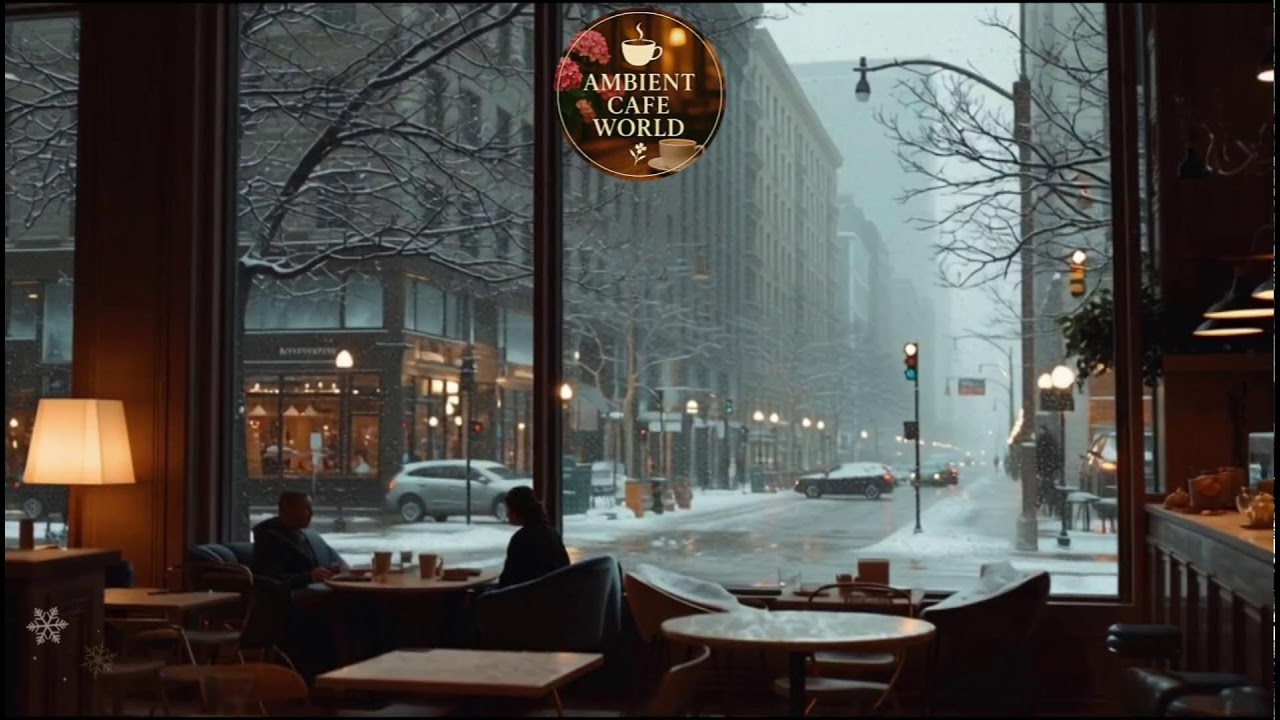 🔴 Soft Winter Jazz Music & Snowfall for Studying ⛄ Outdoor Coffee Shop Ambience with Warm Jazz Music