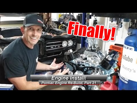 Pontiac V8 Rebuild, Part 21:  Engine Install, in Real Time!  Super Fast…